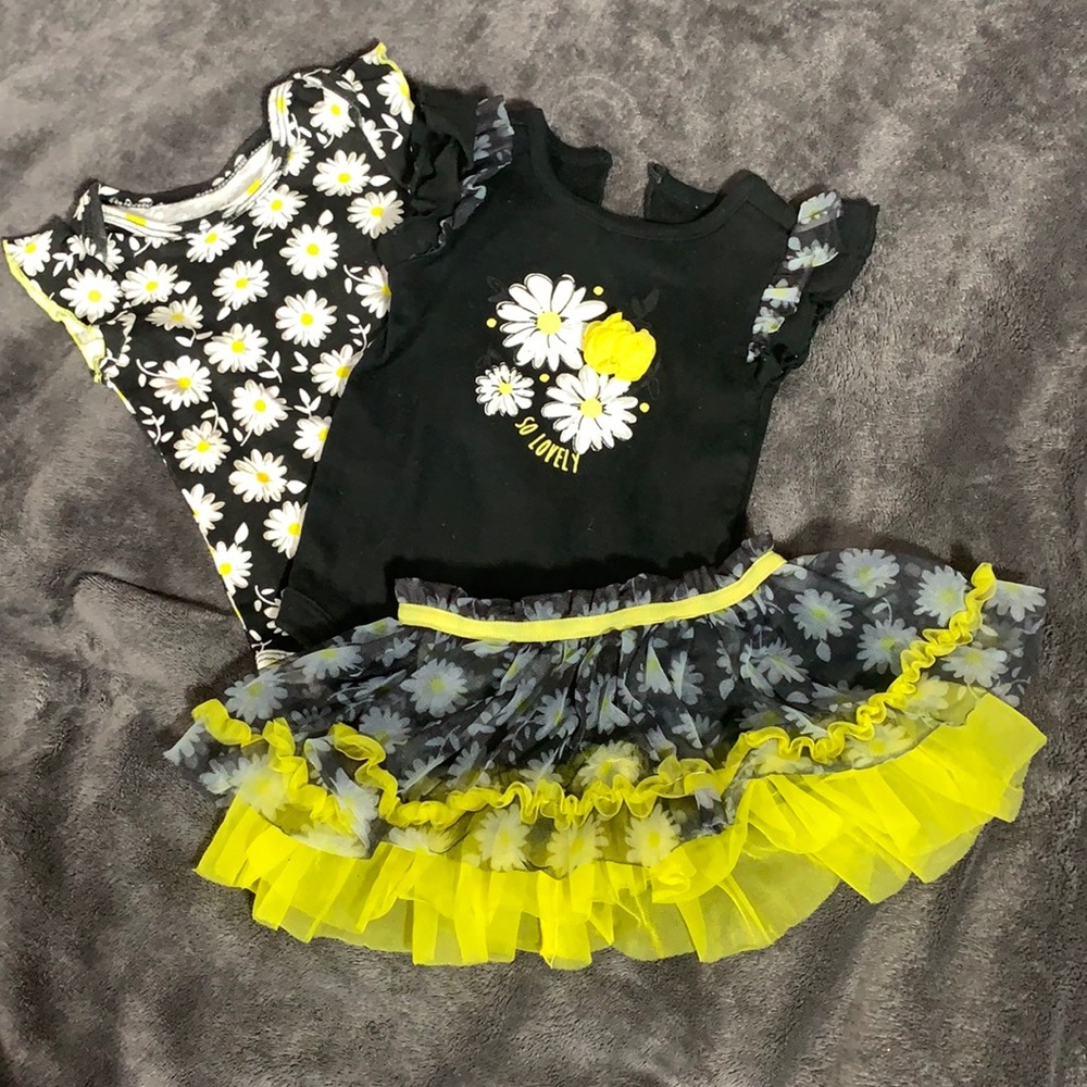 3 Piece Black & Yellow Flower Onsie with Skirt